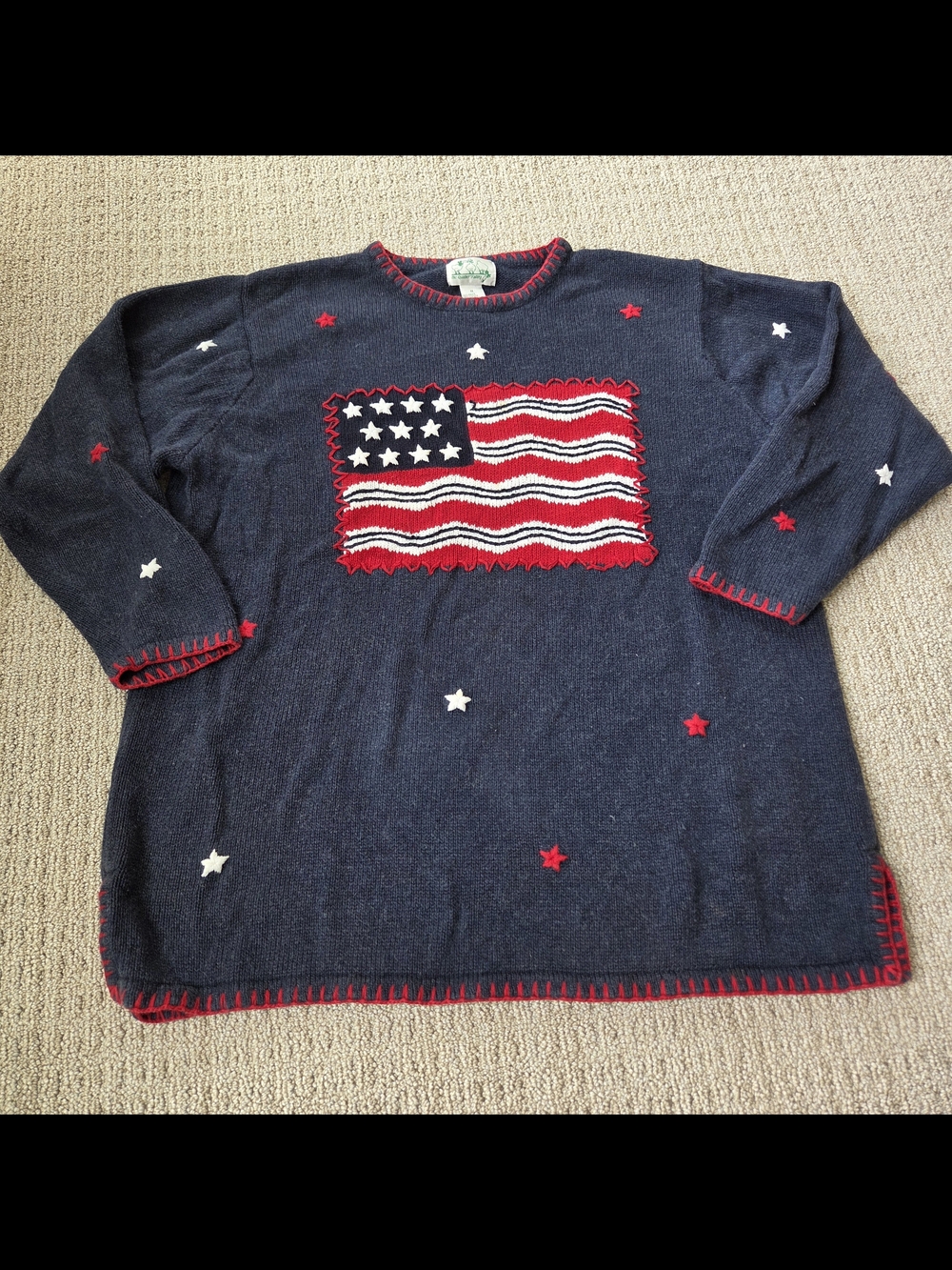 Navy Crewneck Sweater with American Flag Patch - Red & White Star Accents